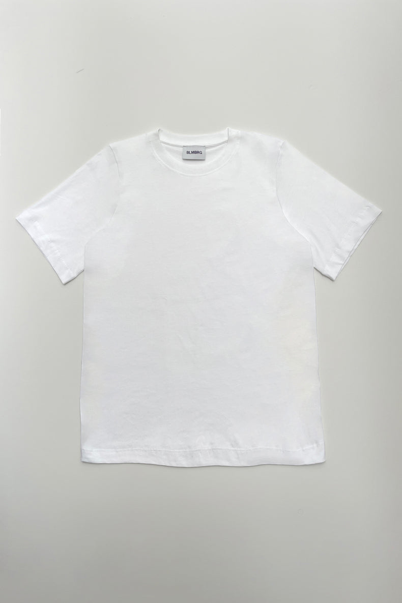 A white regular T-shirt with a classic crewneck showed flat from the front.